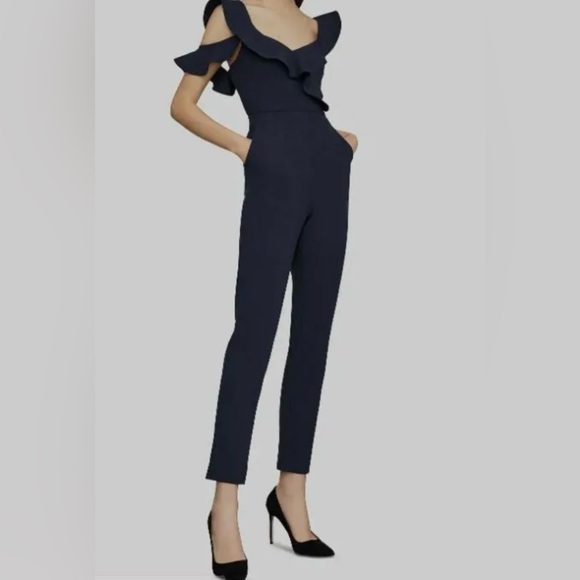 NEW 389 BCBG MAXAZRIA JUMPSUIT TOP PANTS BLACK RUFFLE XS - Picture 4 of 4